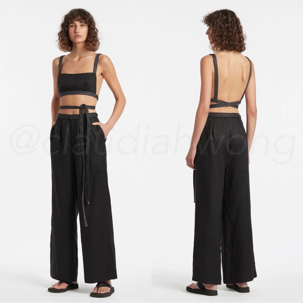 SIR THE LABEL Vilma 100% Linen Criss Cross Top + Wide Leg Pants SET in Black